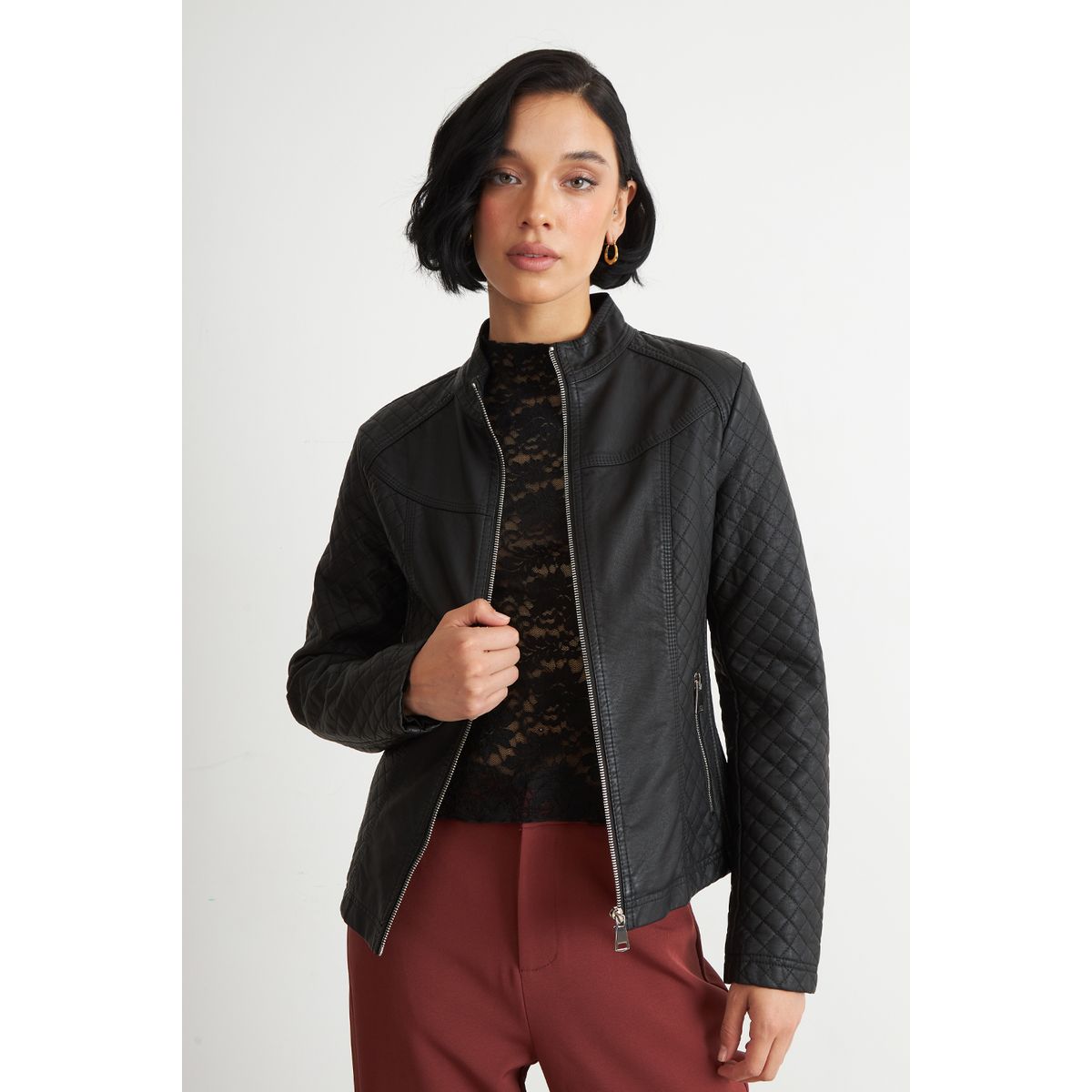 NICOPOLY - Chaqueta Ecocuero Acolchado Cuello Mao Negro Nicopoly