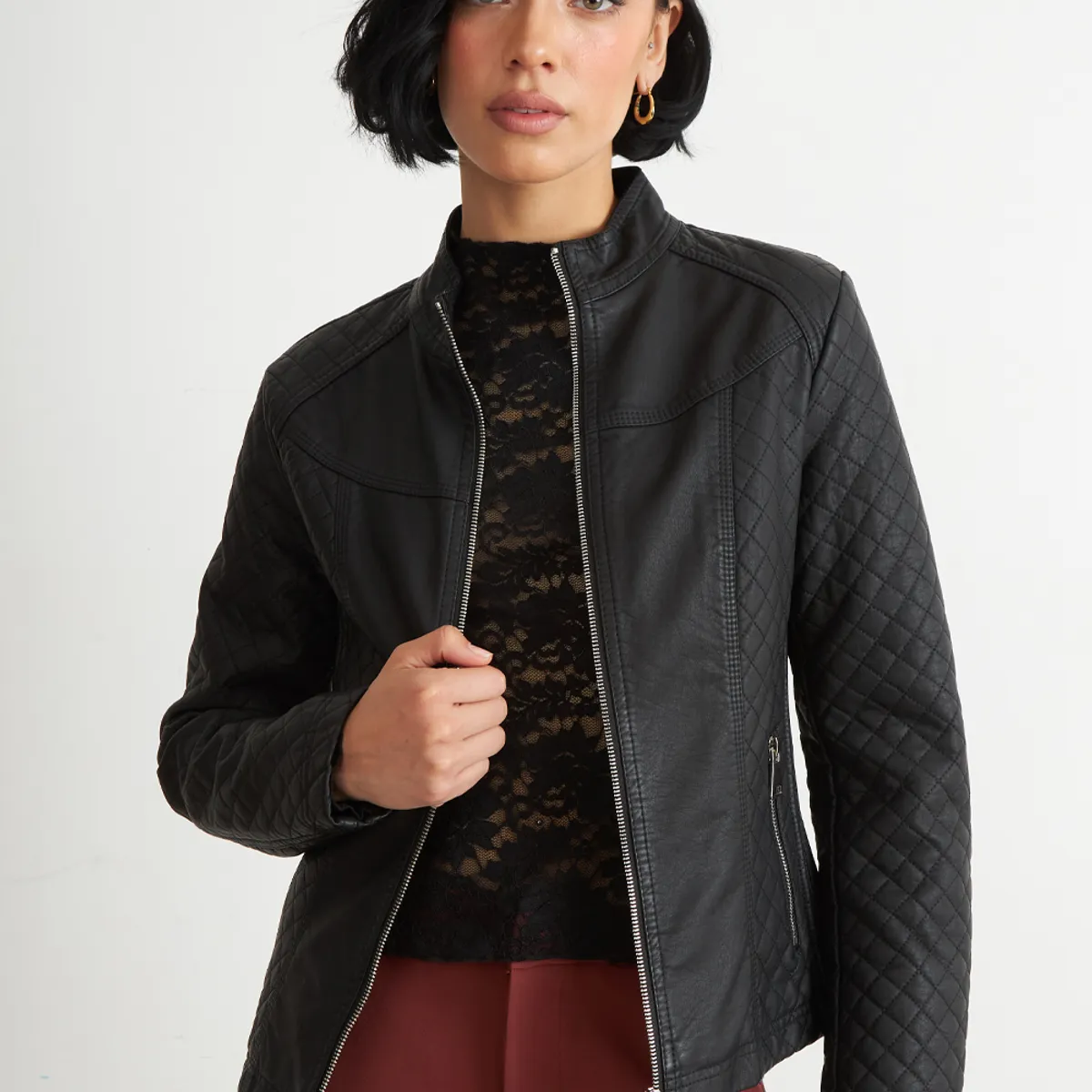 NICOPOLY - Chaqueta Ecocuero Acolchado Cuello Mao Negro Nicopoly