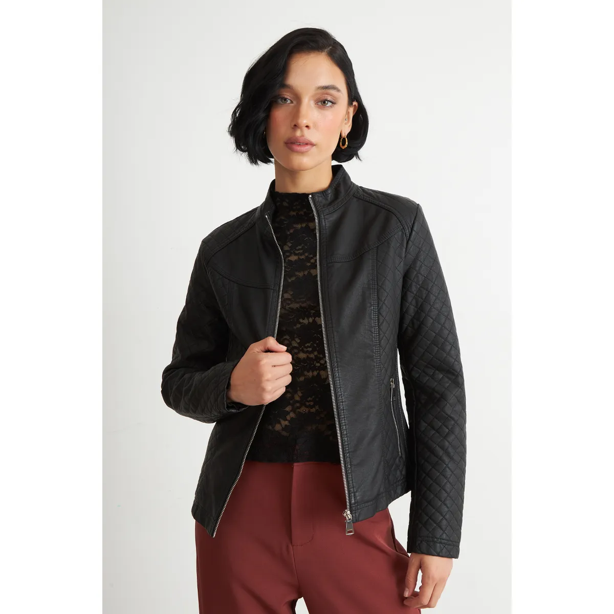 NICOPOLY - Chaqueta Ecocuero Acolchado Cuello Mao Negro Nicopoly