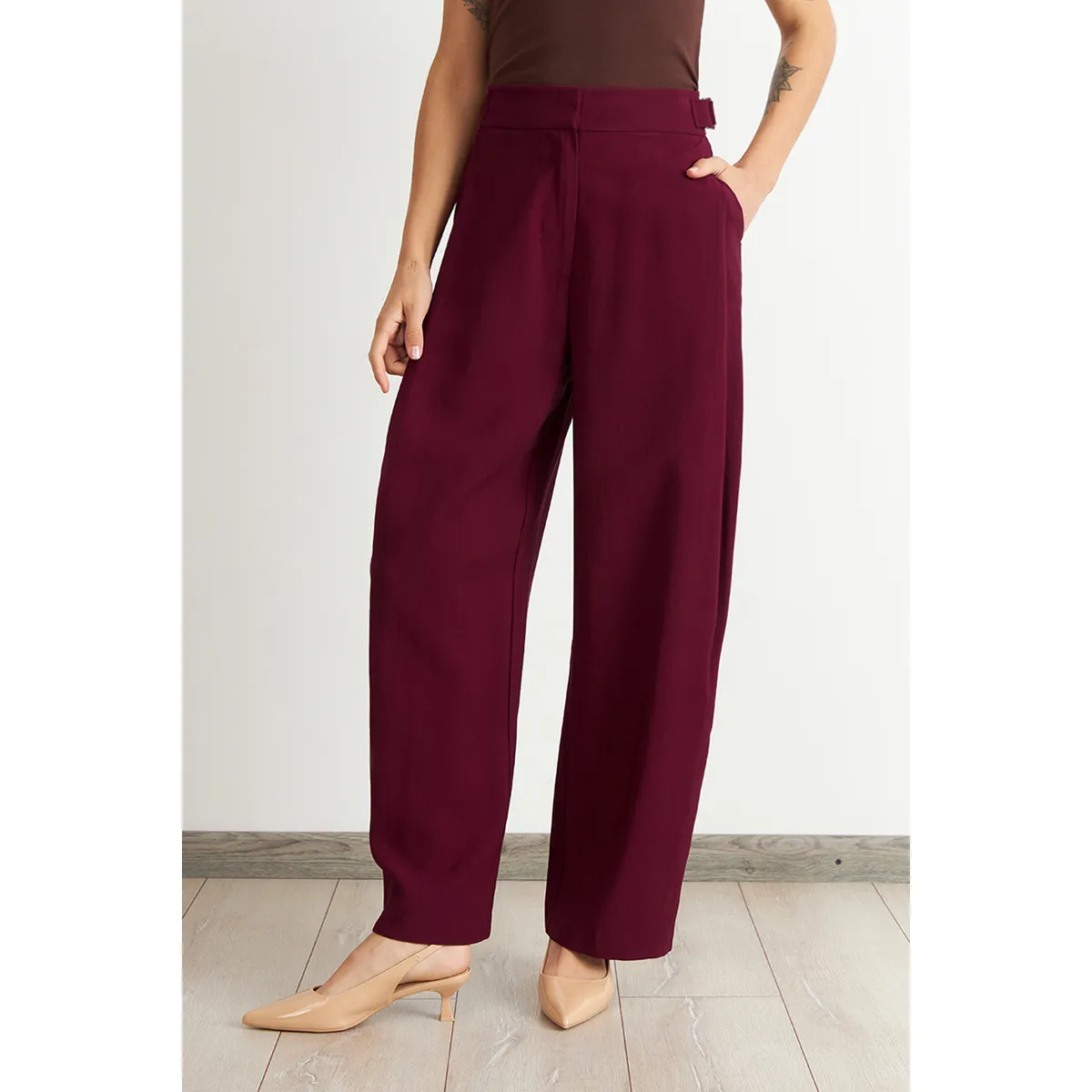 NICOPOLY - Pantalón Estilo Japonés Pierna Ancha Burdeo Nicopoly