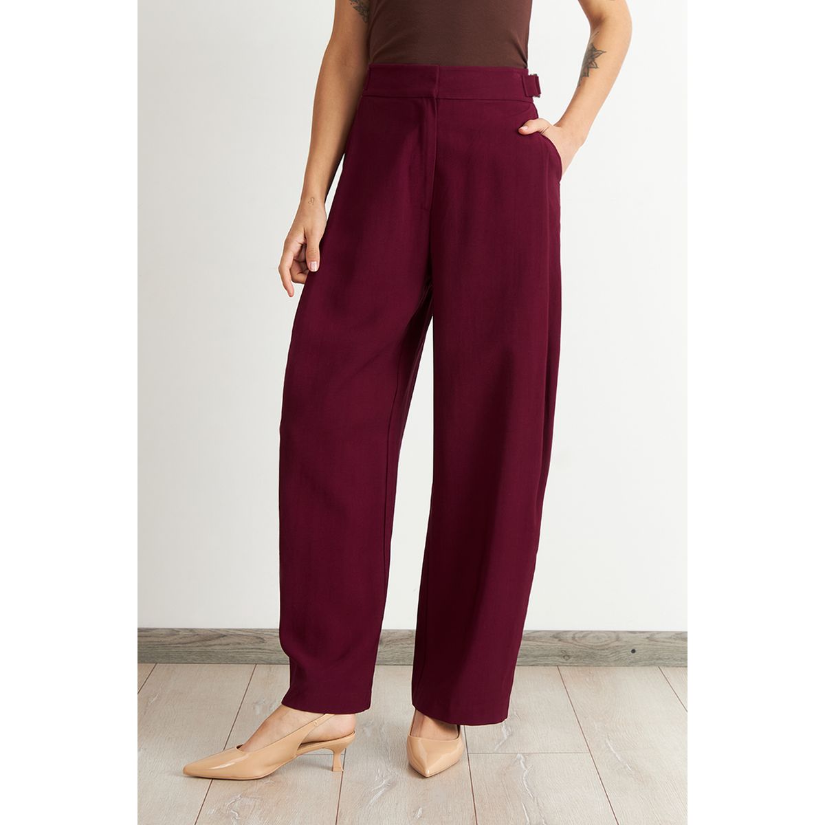 NICOPOLY - Pantalón Estilo Japonés Pierna Ancha Burdeo Nicopoly
