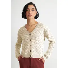NICOPOLY - Cárdigan Tejido Calado Cuello V Blanco Mujer