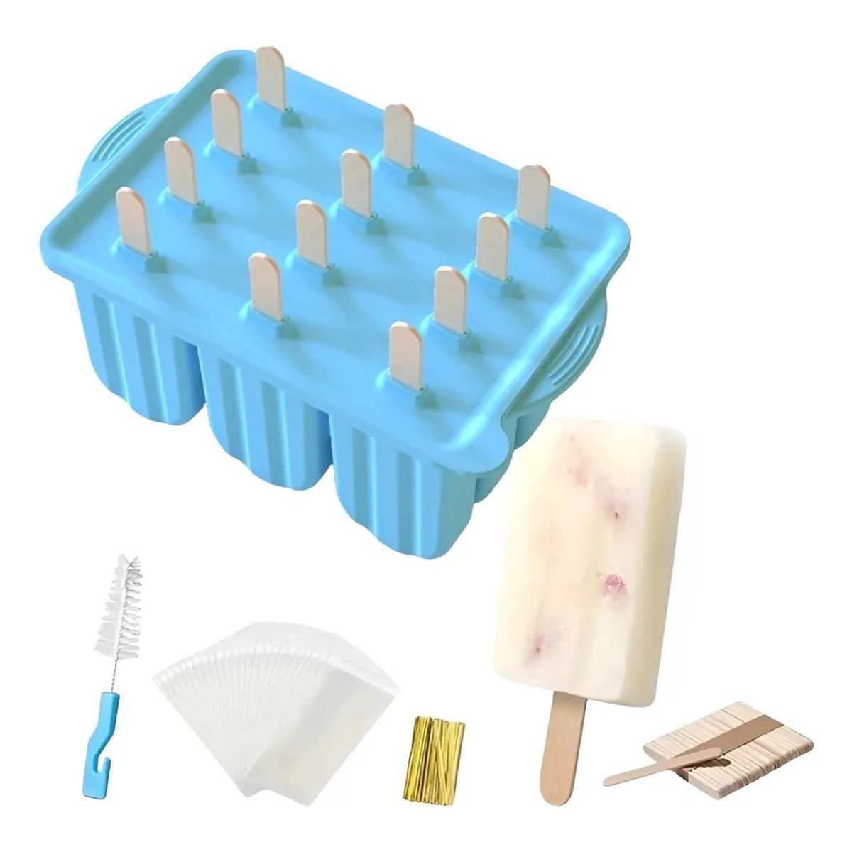 MUNDO MAGIA - Molde Silicona De Helados Paleta + Accesorios De Preparación Celeste