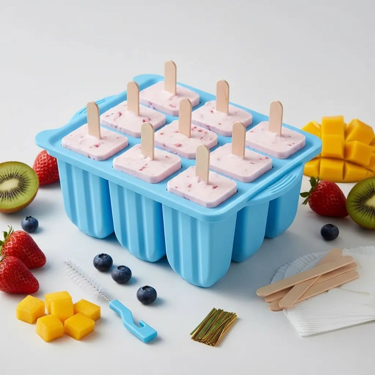 MUNDO MAGIA - Molde Silicona De Helados Paleta + Accesorios De Preparación Celeste