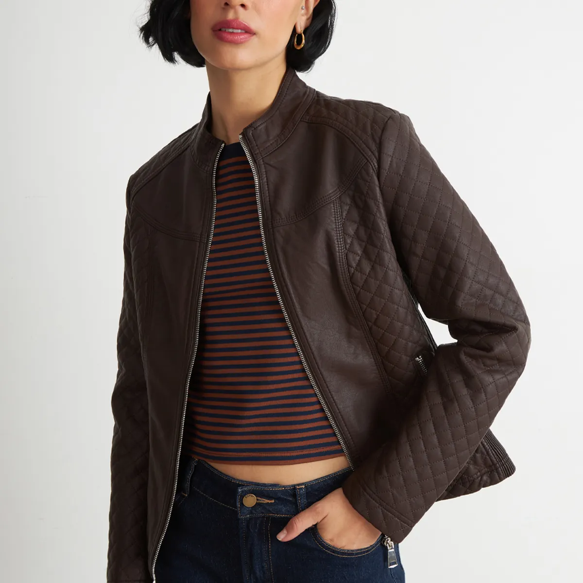 NICOPOLY - Chaqueta Ecocuero Acolchado Cuello Mao Café Nicopoly