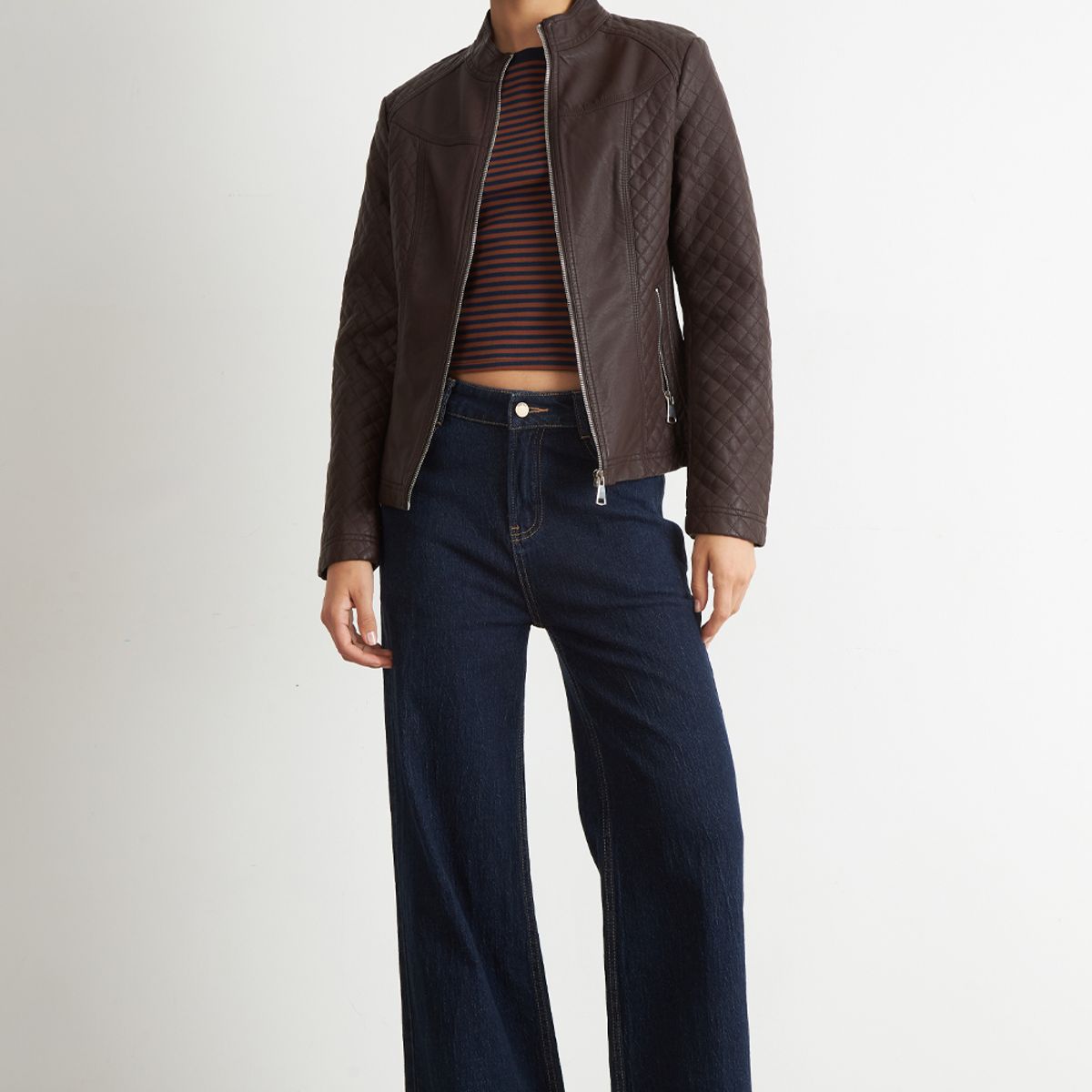 NICOPOLY - Chaqueta Ecocuero Acolchado Cuello Mao Café Nicopoly