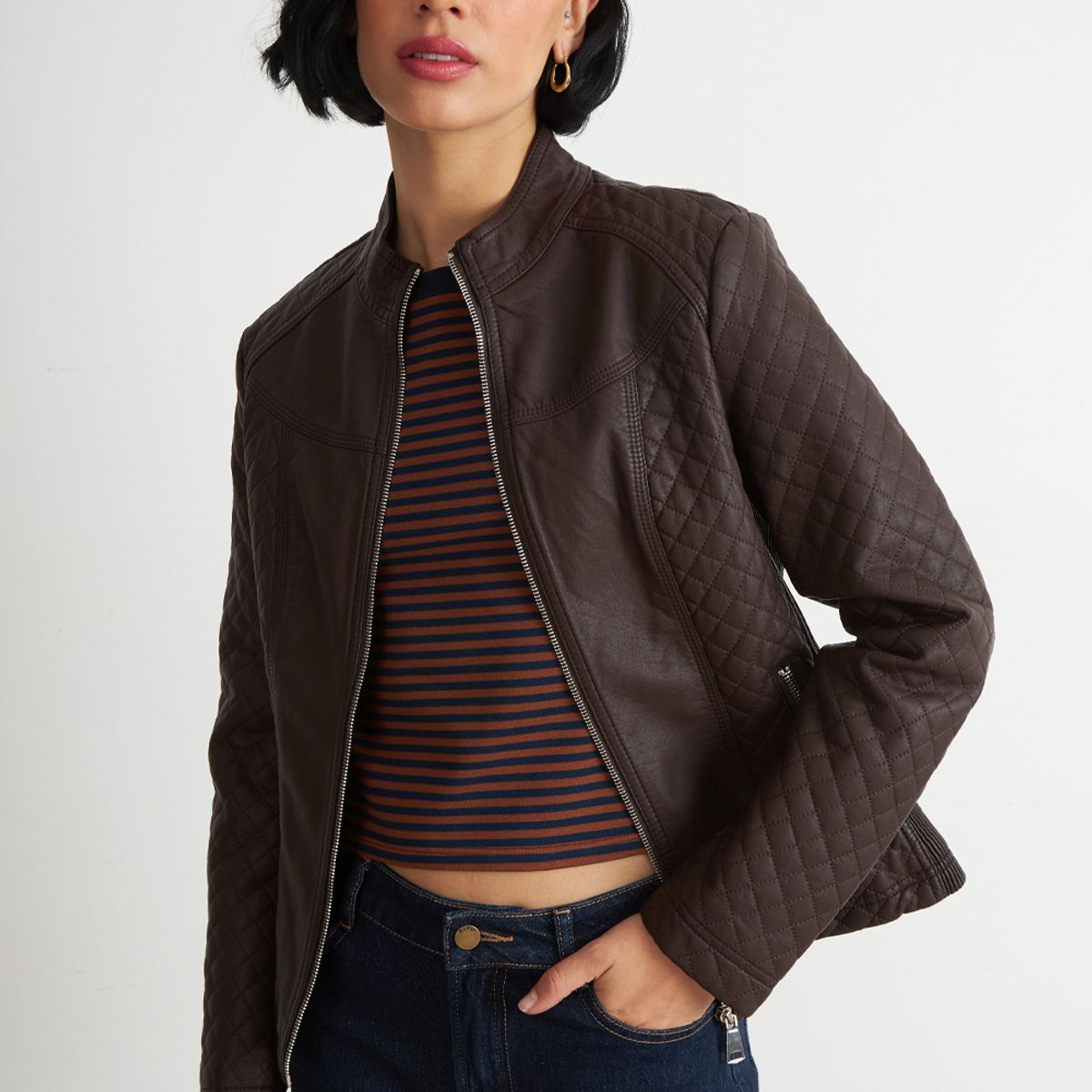NICOPOLY - Chaqueta Ecocuero Acolchado Cuello Mao Café Nicopoly