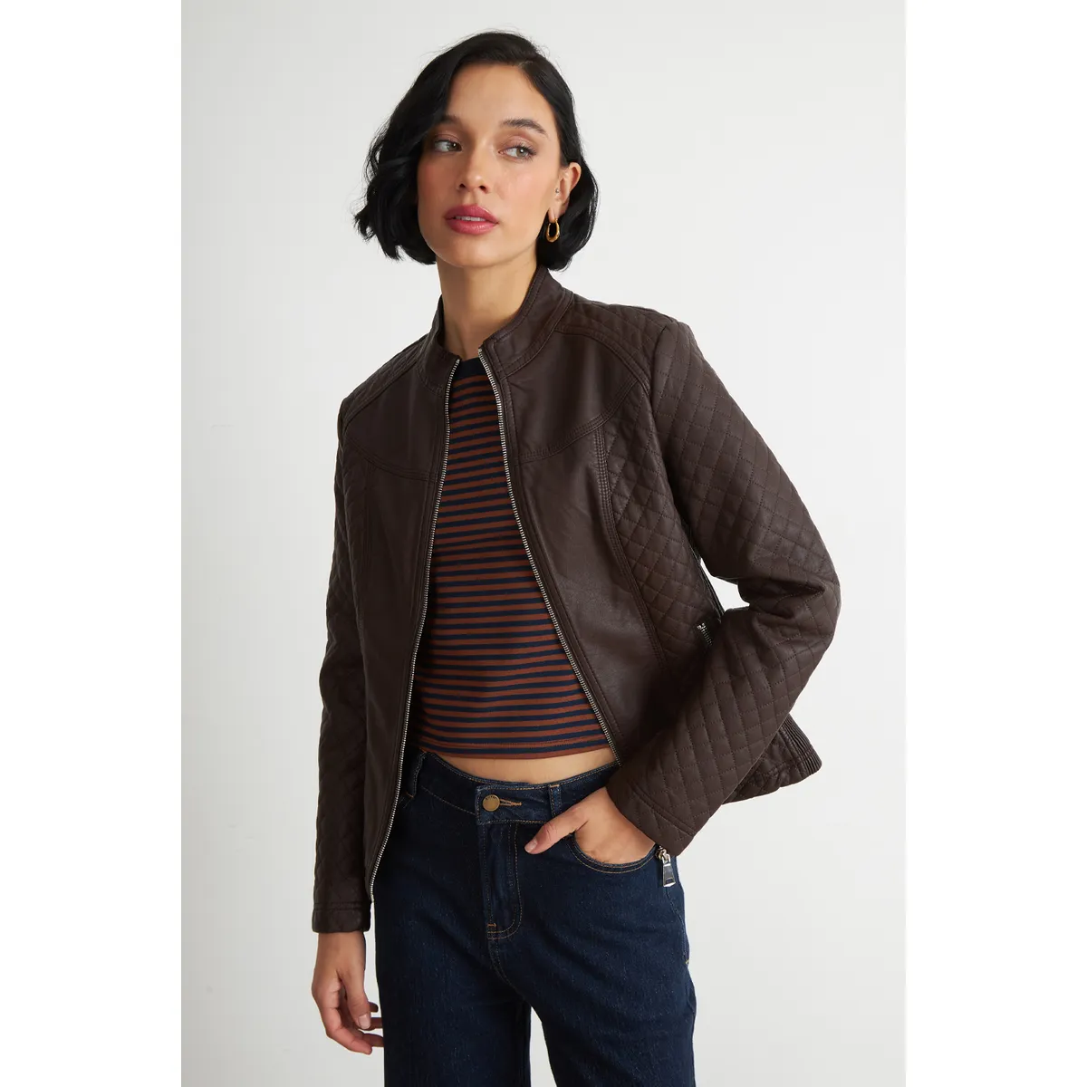 NICOPOLY - Chaqueta Ecocuero Acolchado Cuello Mao Café Nicopoly