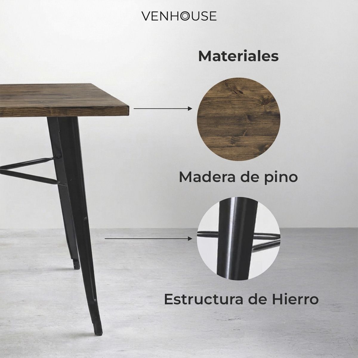 VENHOOUSE - Mesa Tolix Madera Oscura 80x80cm VenHoouse
