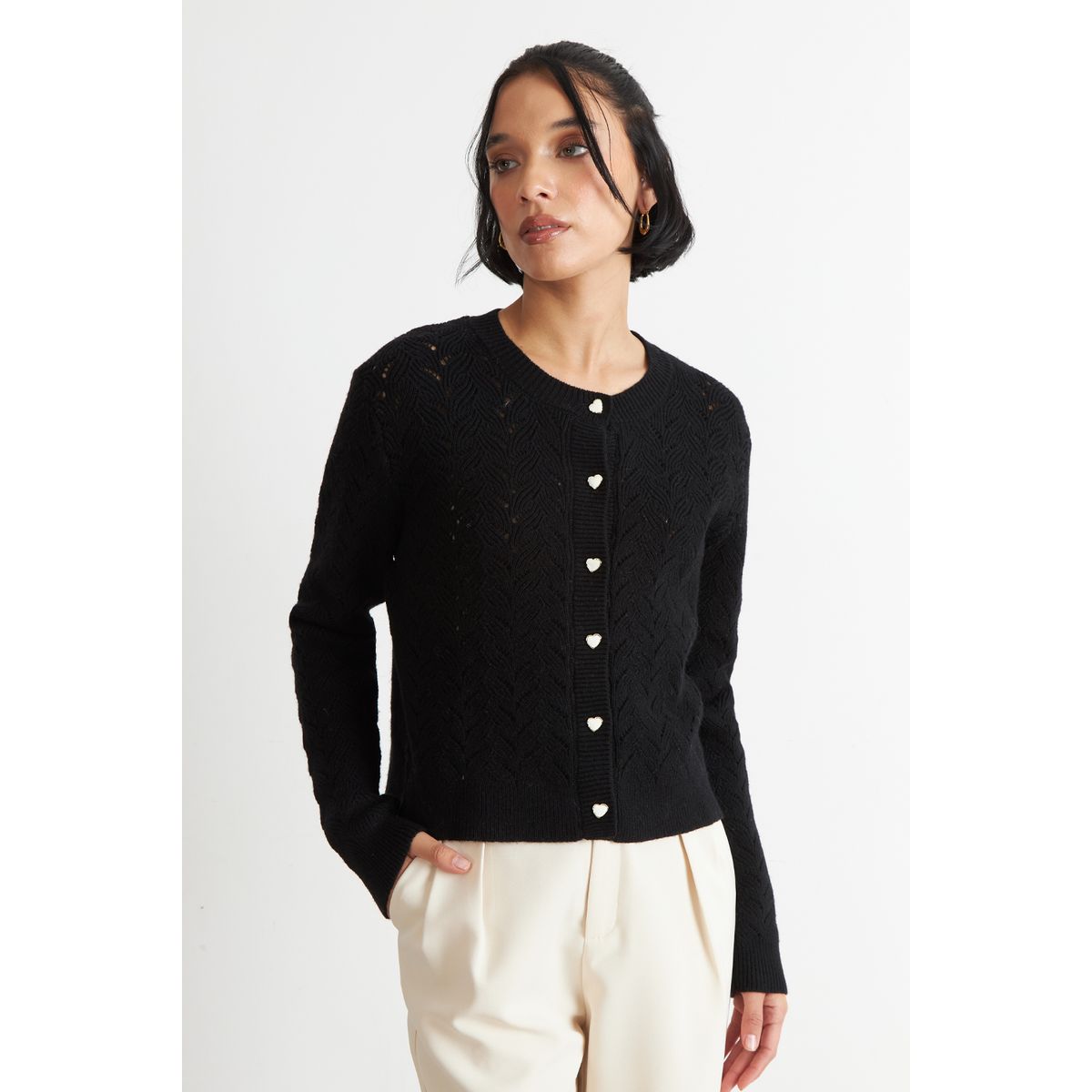 NICOPOLY - Cárdigan Calado Cuello Redondo Negro Nicopoly