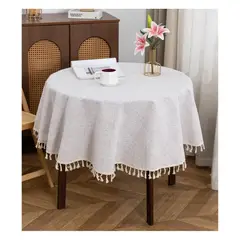 ALMA & DECO - Mantel Redondo Mod. Crudo y Borlas 140 cm. Diámetro Grueso