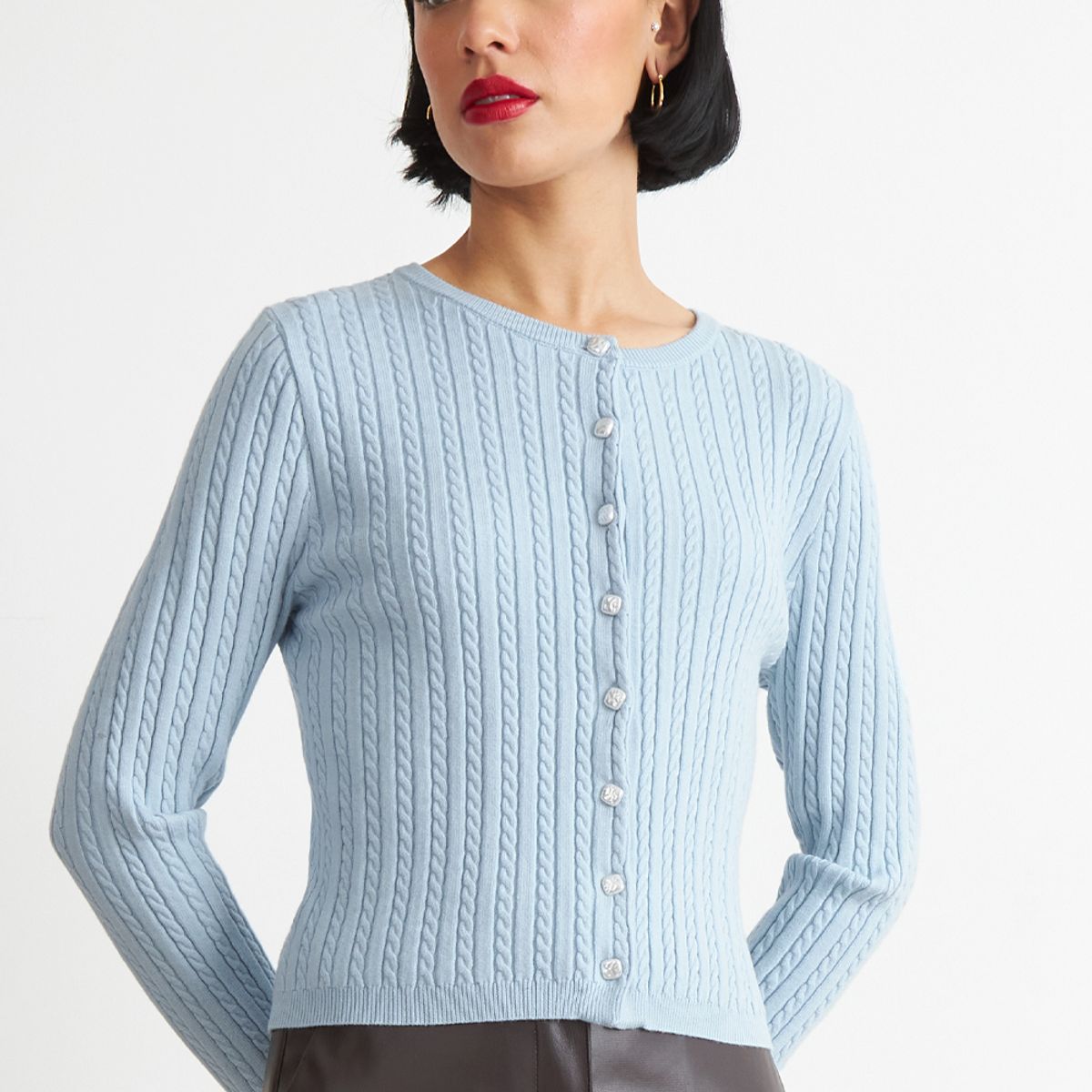 NICOPOLY - Cárdigan Trenzado Cuello Redondo Celeste Nicopoly