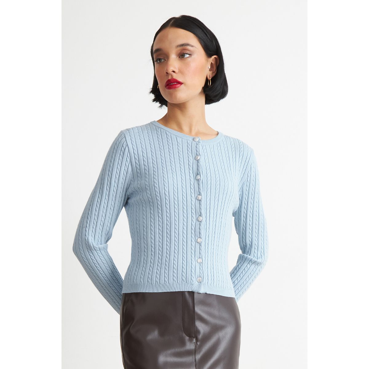 NICOPOLY - Cárdigan Trenzado Cuello Redondo Celeste Nicopoly