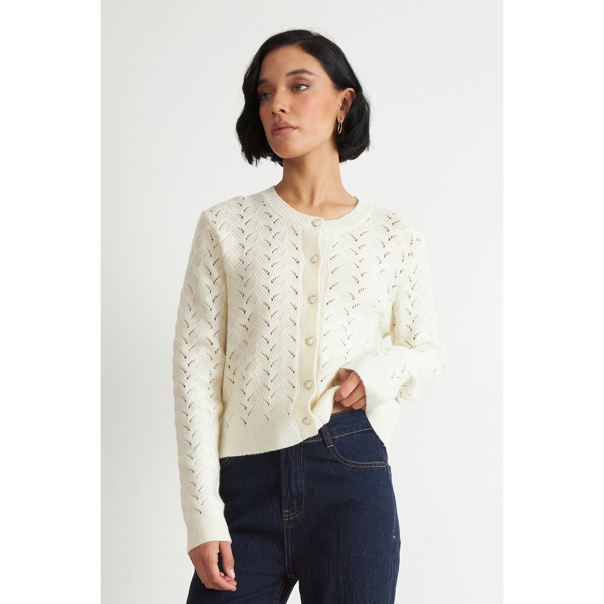 NICOPOLY - Cárdigan Calado Cuello Redondo Blanco Nicopoly