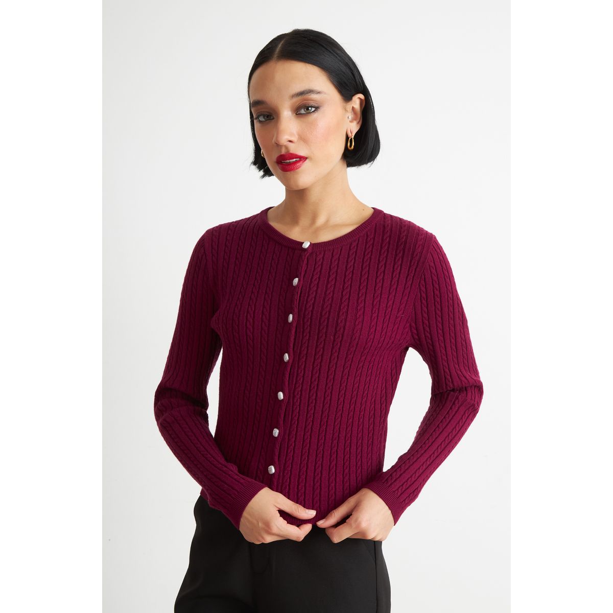 NICOPOLY - Cárdigan Trenzado Cuello Redondo Burdeo Nicopoly