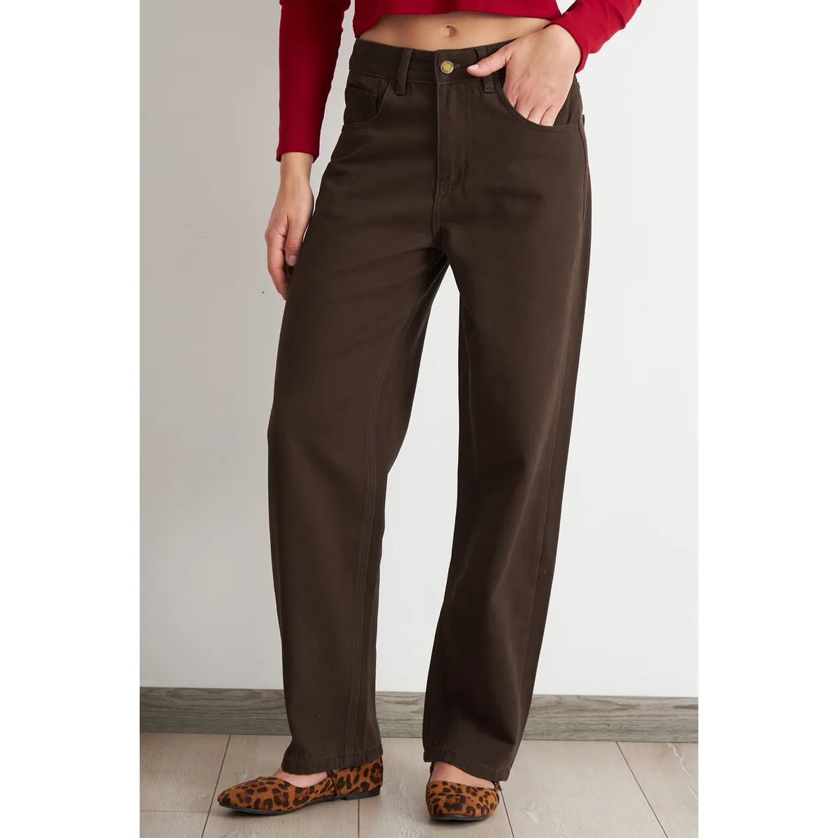 NICOPOLY - Jeans Rectos Tiro Alto Café Nicopoly