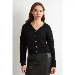 NICOPOLY - Cárdigan Tejido Calado Cuello V Negro