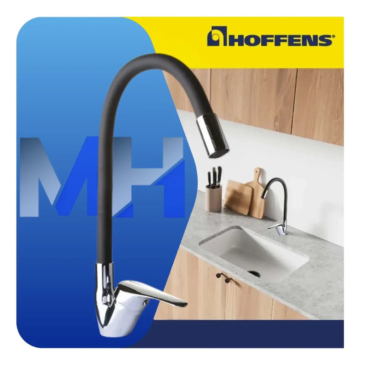 HOFFENS - Llave Monomando Lavaplatos Cuello Flexible Negro Hoffens