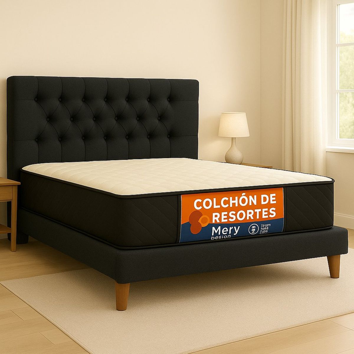 GENERICO - Cama Plaza y Media Negro Capitone + Colchon Mery Desing