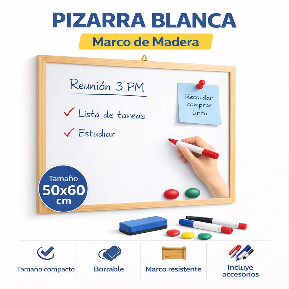 MOTARRO - Pizarra Blanca Con Marco De Madera Acrilica 50x60cm