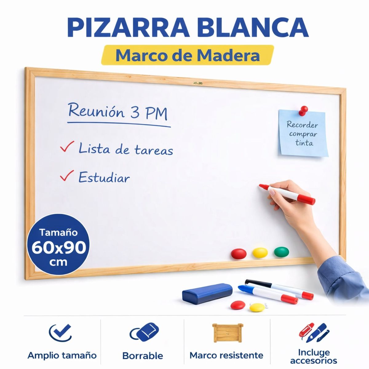 MOTARRO - Pizarra Blanca Con Marco De Madera Acrilica 60x90cm