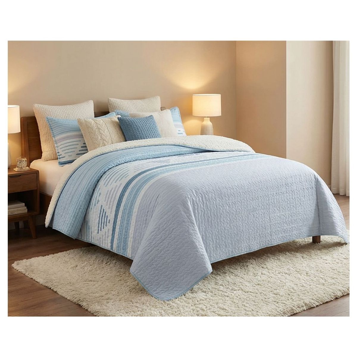 GENERICO - Cubrecama Sherpa 1.5 Plazas - Celeste Triángulos M968