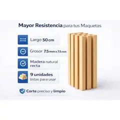 GENERICO - Palos Madera Maqueta 50cm 7.5x7.5mm 9 Unidades