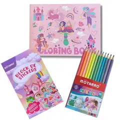 GENERICO - Libro para colorear - Princesas (21 x 14 cms) + Set 12 lápices pastel + Block Stickers