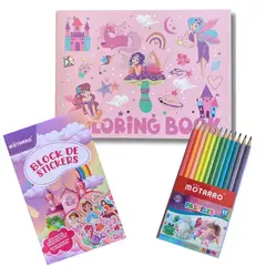 GENERICO - Libro para colorear - Princesas (29 x 21 cms) + Set 12 lápices pastel + Block stickers