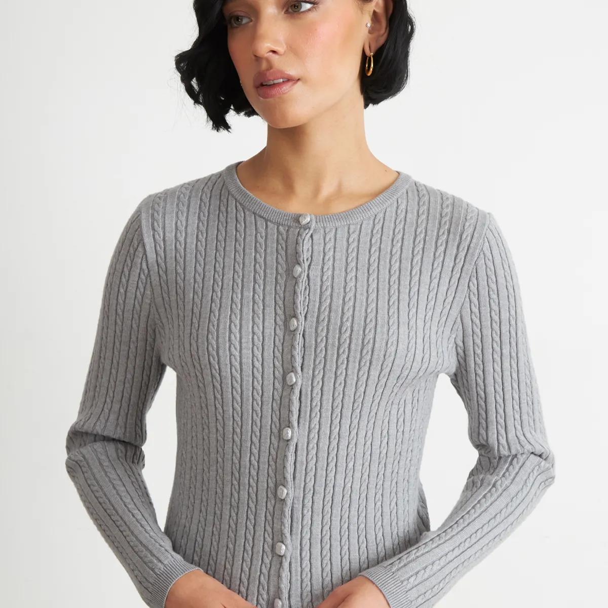 NICOPOLY - Cárdigan Trenzado Cuello Redondo Gris Nicopoly