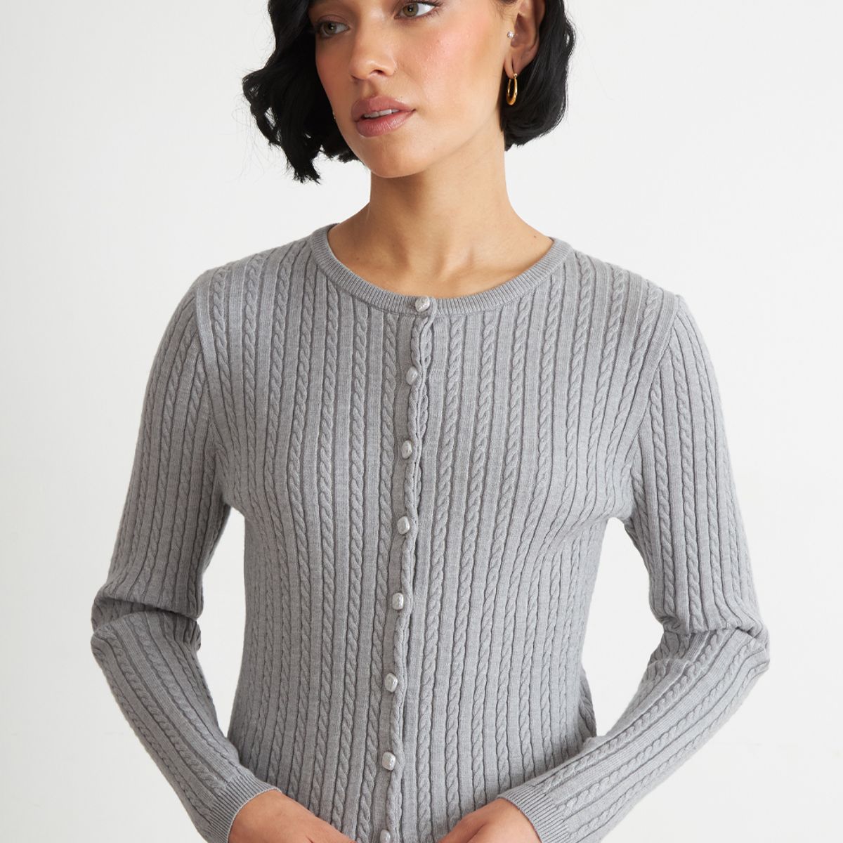 NICOPOLY - Cárdigan Trenzado Cuello Redondo Gris Nicopoly
