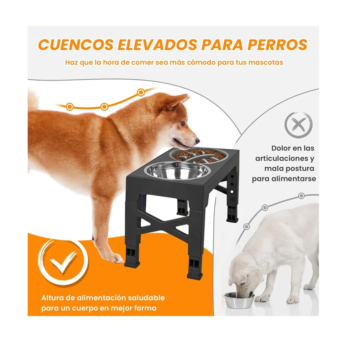 GENERICO - Comedero mascota elevado 2 platos acero inox y 1 ansiedad 4 alturas 1.2lts NEGRO