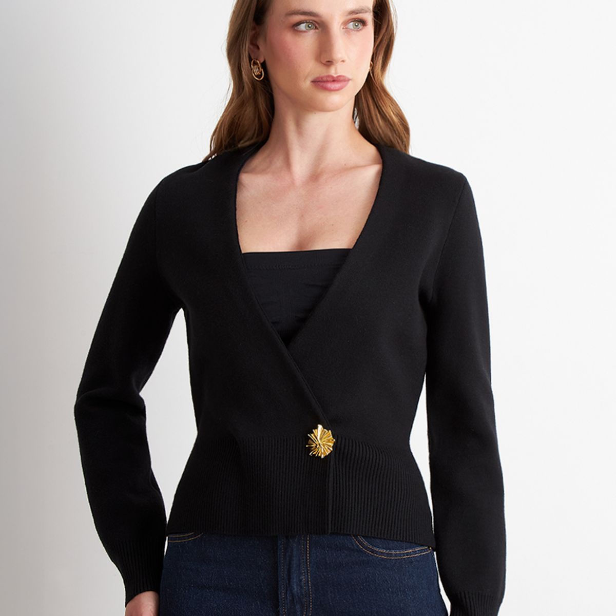 NICOPOLY - Cárdigan Cruzado con Botón Dorado Negro Nicopoly