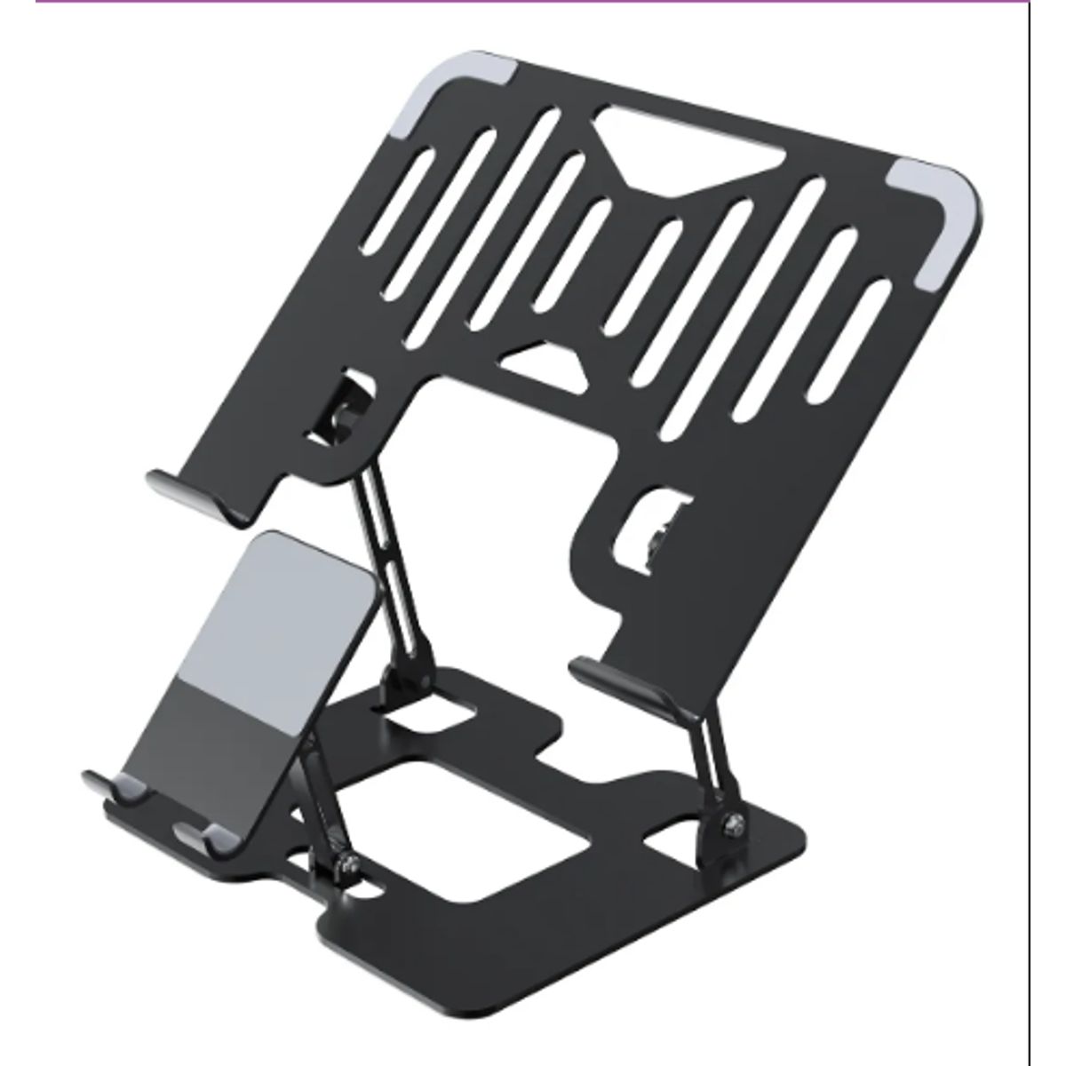 GENERICO - Soporte Para Laptop Y Teléfono Portátil Ajustable Metal 2en1 Negro