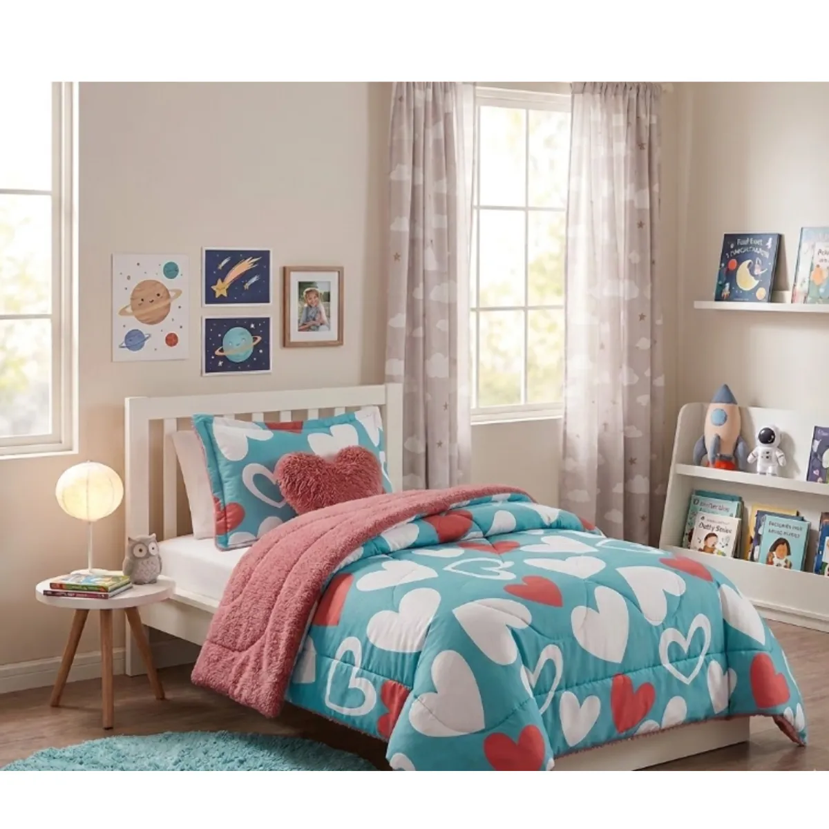 DORAL - Plumón Infantil  Doral Kids Deluxe Sherpa Corazones Celeste Corazones 1.5 plaza