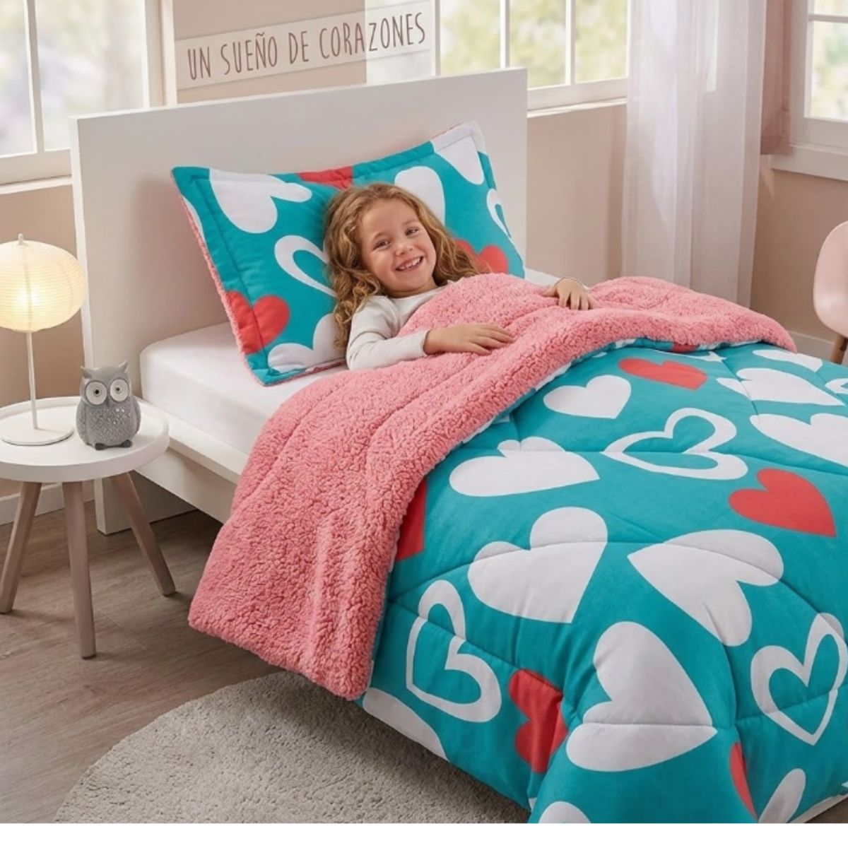 DORAL - Plumón Infantil  Doral Kids Deluxe Sherpa Corazones Celeste Corazones 1.5 plaza