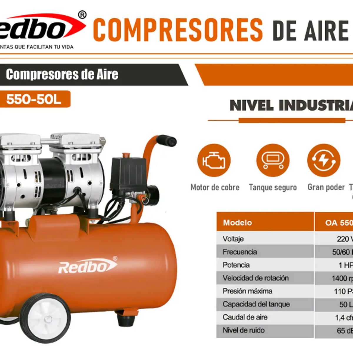 REDBO - Compresor de Aire Silencioso Redbo OA 550-50L (1 HP, 50 Litros, 110 PSI)