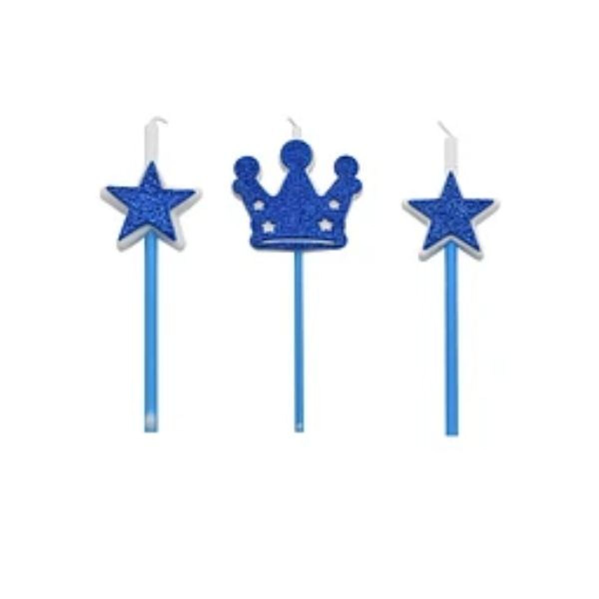 GENERICO - Velas corona y estrellas azul 3pcs 16cm