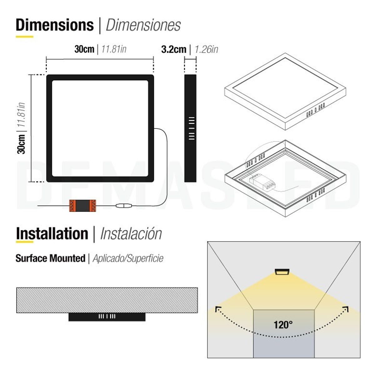 GENERICO - Panel Led Foco Plafon Cuadrado Sobrepuesto Negro 24w Estructura Negro Blanco Frío 6000-6500 °K