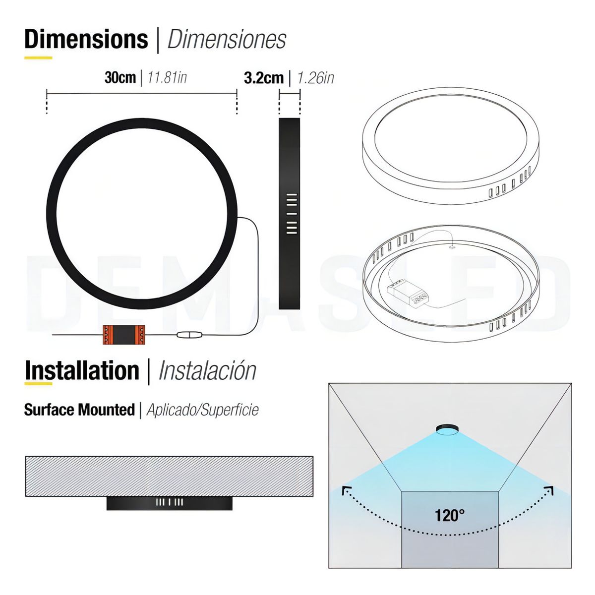 GENERICO - Foco Panel Led 24w Plafón Redondo 30cm Sobrepuesto Negro Luz Fría 6000k Demasled