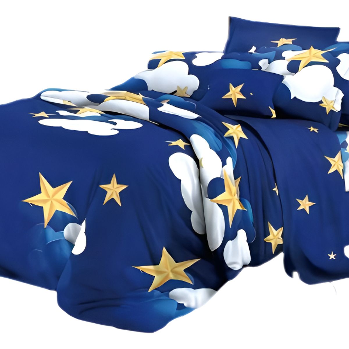 GENERICO - Juego De Sábanas 200 Hilos 2 Plazas 4 Piezas Diseños Color Azul Estrellas Amarillas - 281011