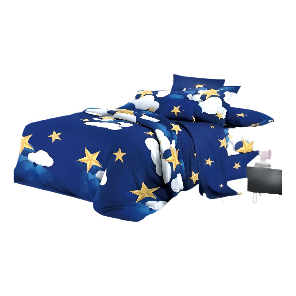 GENERICO - Juego De Sábanas 200 Hilos 2 Plazas 4 Piezas Diseños Color Azul Estrellas Amarillas - 281011