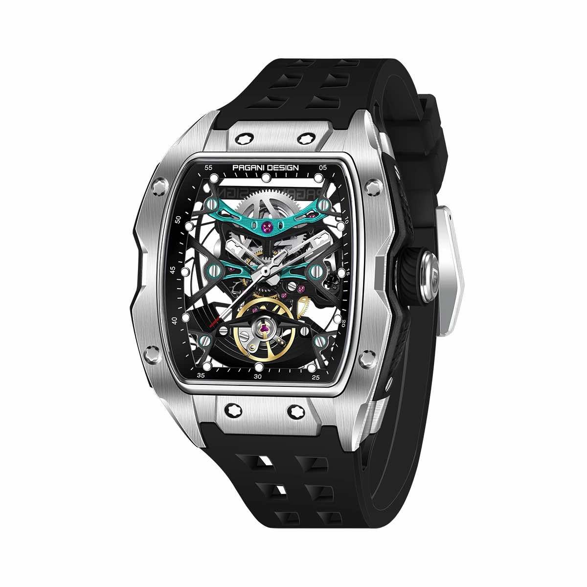 PAGANI - Reloj Automático Pagani Design Cristal De Zafiro Skeleton Plateado Correa Negro