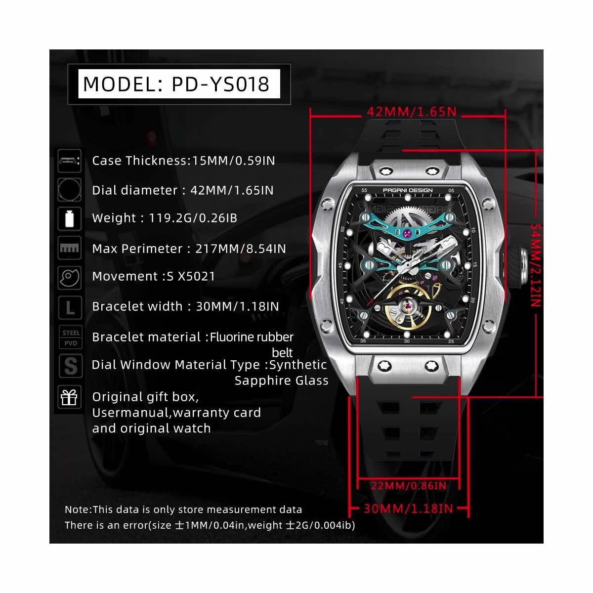 PAGANI - Reloj Automático Pagani Design Cristal De Zafiro Skeleton Plateado Correa Negro