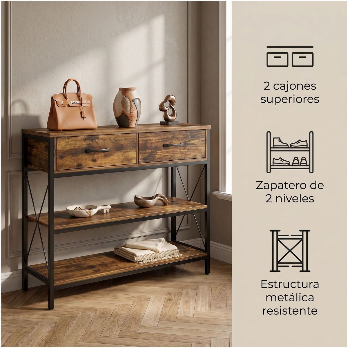 HOMER DESIGN - Mesa Lateral Arrimo 2 Cajones Multifuncional 100x30x81cm