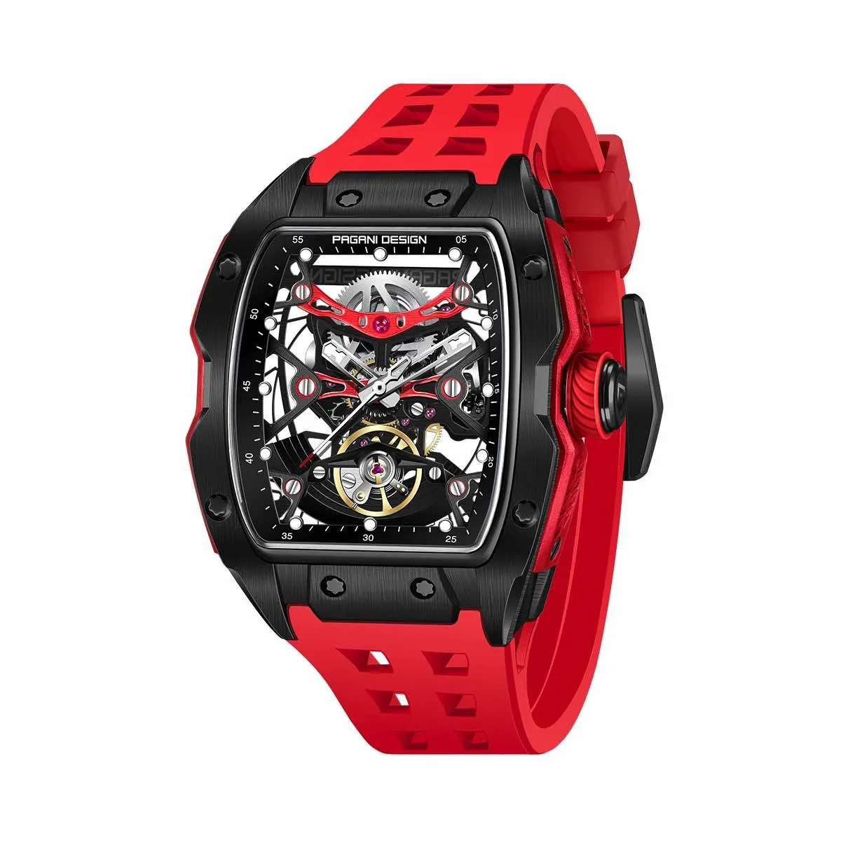 PAGANI - Reloj Automático Pagani Design Cristal De Zafiro Skeleton Negro Correa Rojo