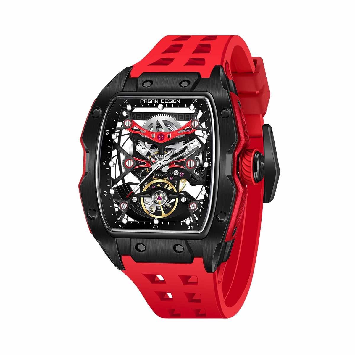 PAGANI - Reloj Automático Pagani Design Cristal De Zafiro Skeleton Negro Correa Rojo