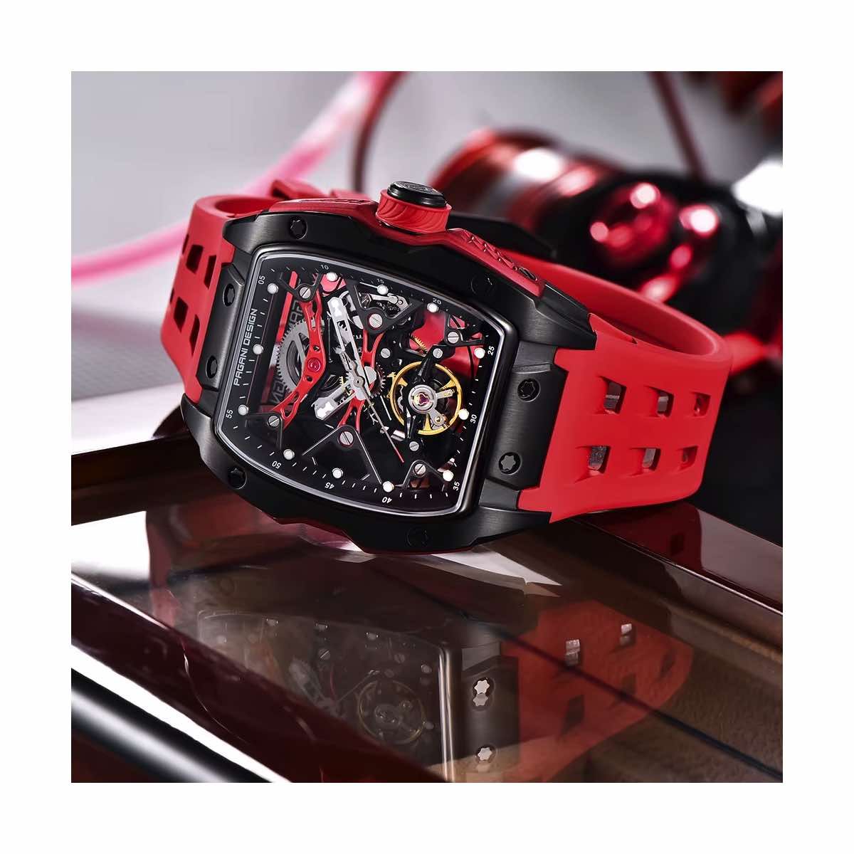 PAGANI - Reloj Automático Pagani Design Cristal De Zafiro Skeleton Negro Correa Rojo