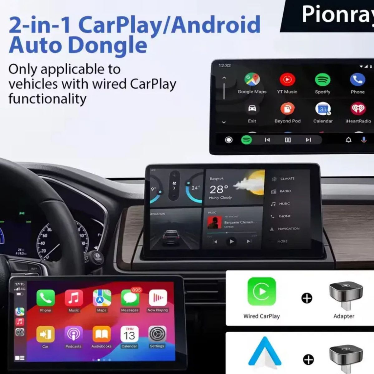 GENERICO - Adaptador Automático Inalámbrico 2 En 1 Para Carplay/android