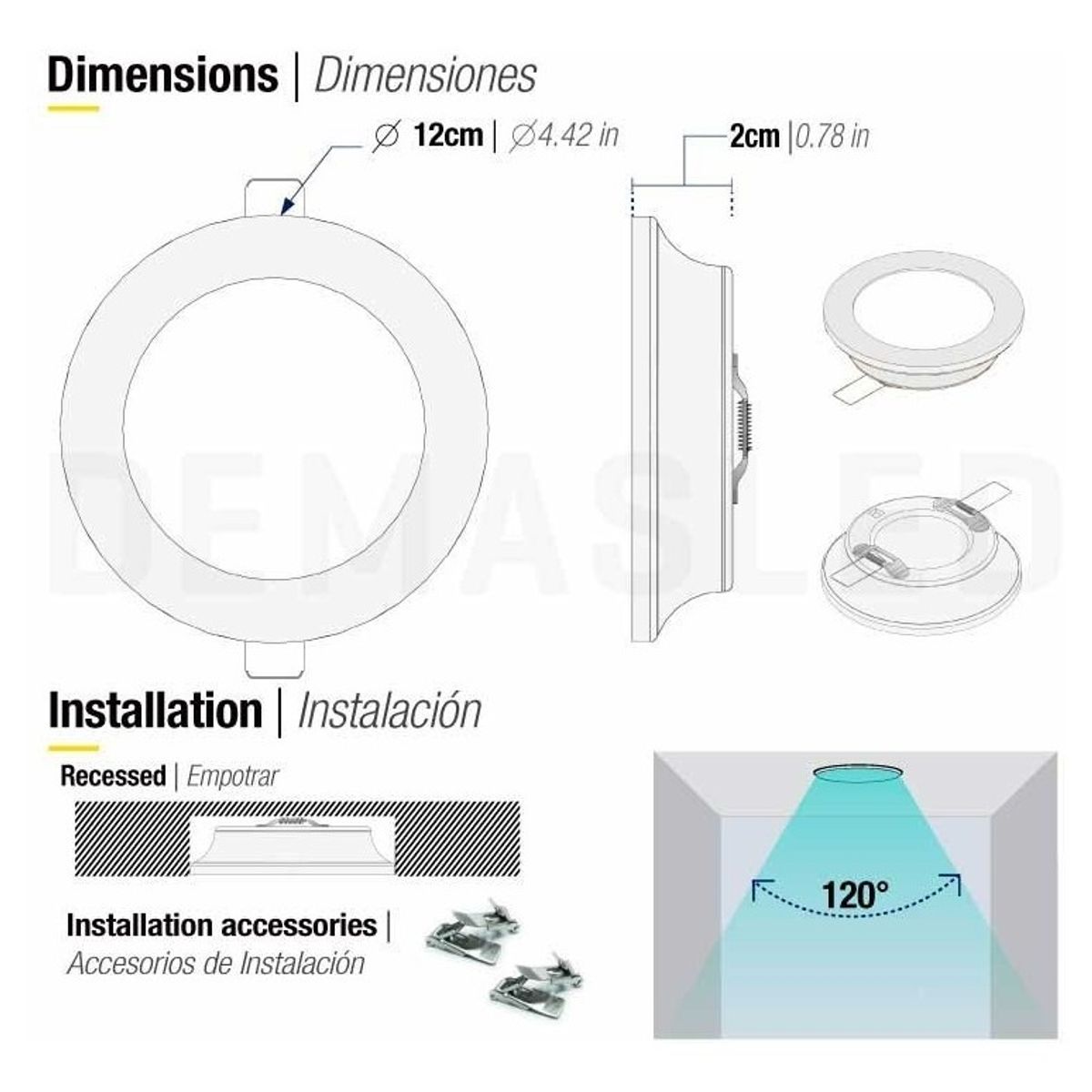 GENERICO - Panel Led Foco Plafón Embutido A Cielo Redondo 6w 12cm Estructura Blanco frío